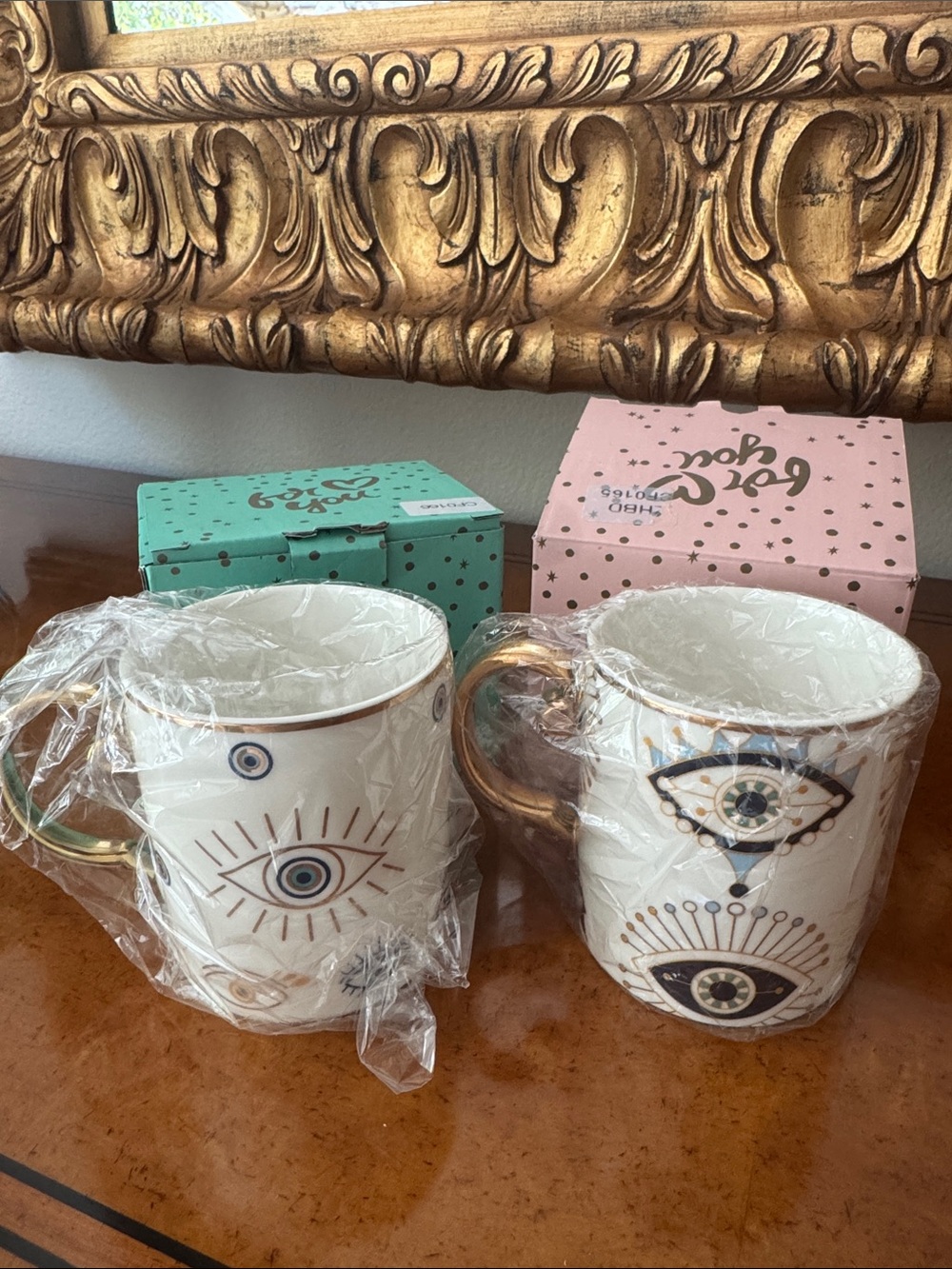 Decorative White Ceramic Eye Pattern Mug with Gold Handle - Set of 2